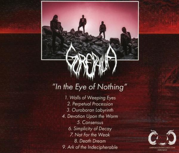 CD-Rückseite mit Bandfoto und Titelliste. Dunkelroter Hintergrund.