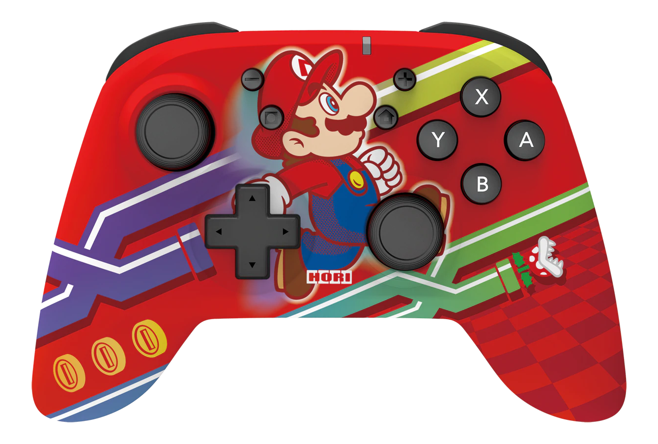 Roter Nintendo Switch Controller im Mario-Design mit Knöpfen und Mario-Kunst.