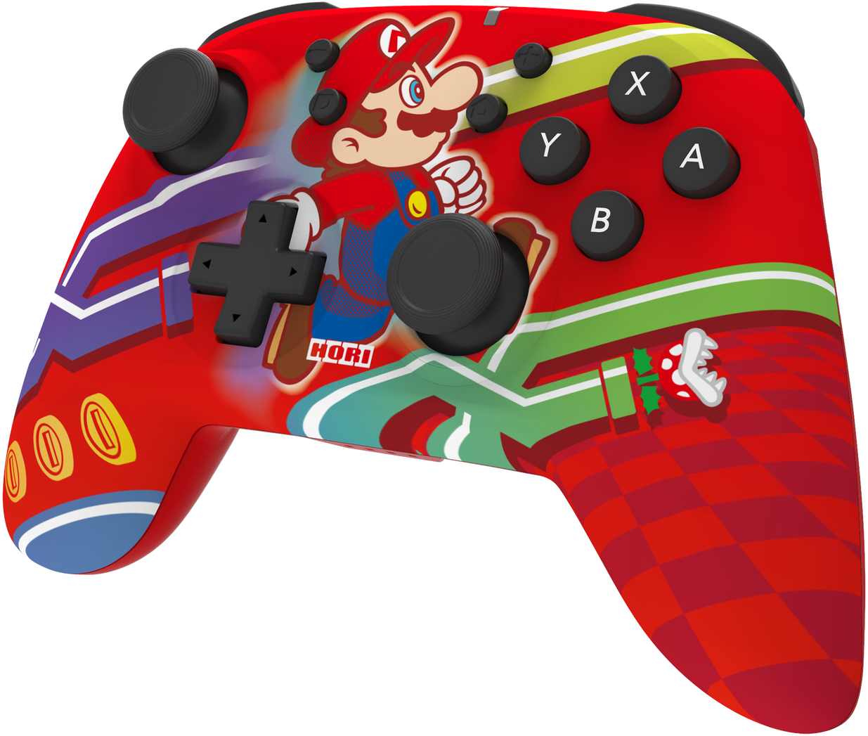 Ein roter Nintendo Switch Pro Controller. Mario und weitere Details sind sichtbar.