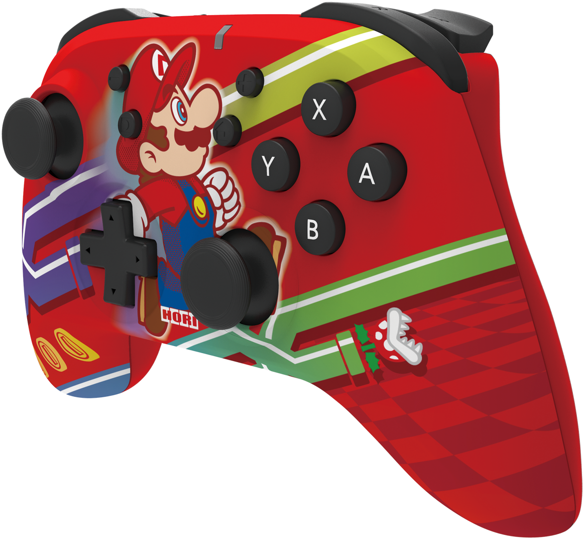 Roter Gamecontroller im Mario-Design. Mit Mario-Artwork, Tasten und Joysticks. Schwarzer Hintergrund.