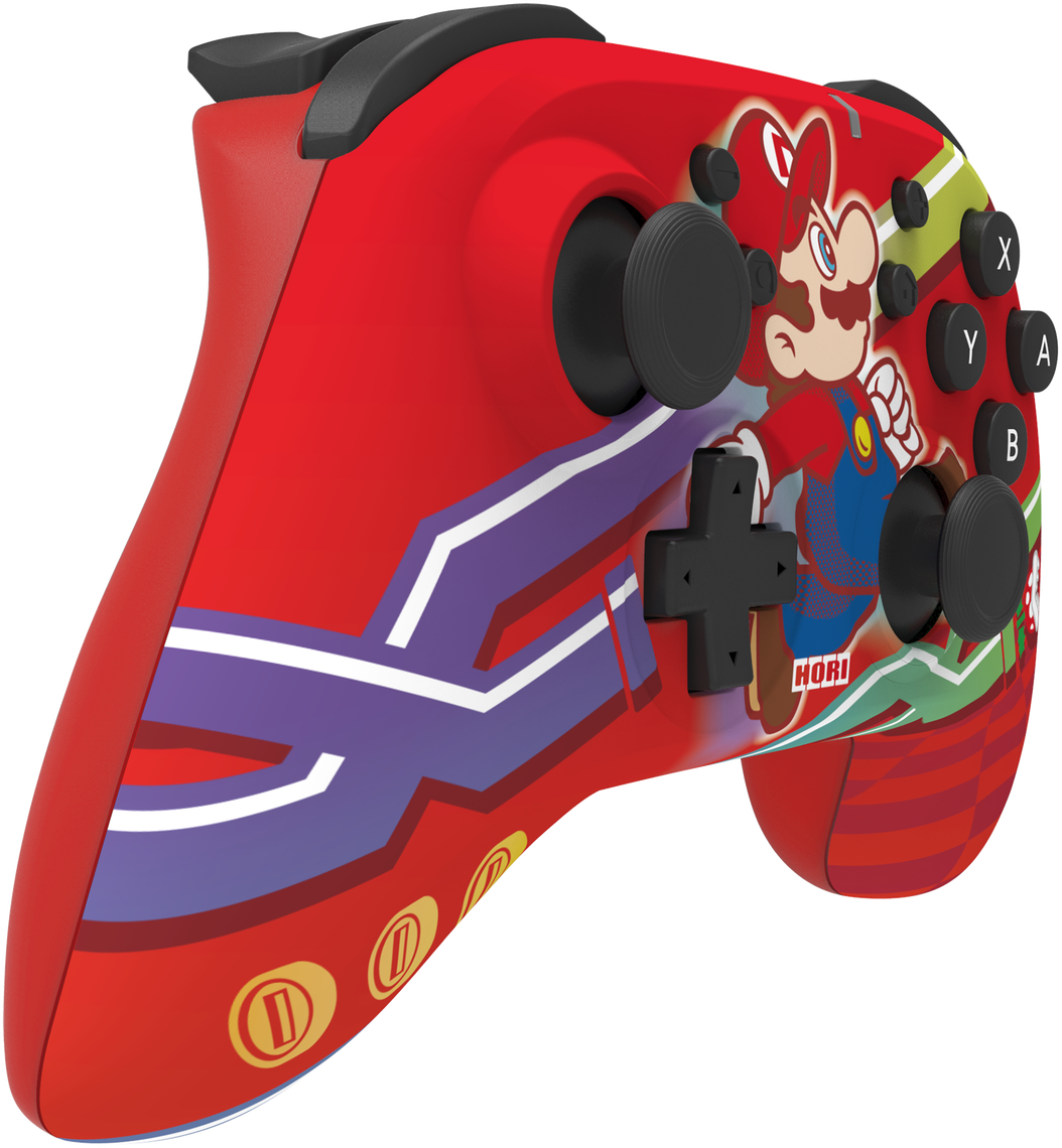 Ein roter Nintendo Switch-Controller mit Mario-Design und einem schwarzen, kreuzförmigen Steuerkreuz.