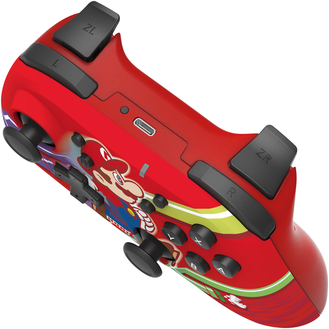 Roter Nintendo Switch Controller im Mario-Design, schräge Ansicht, farbenfrohes Design.