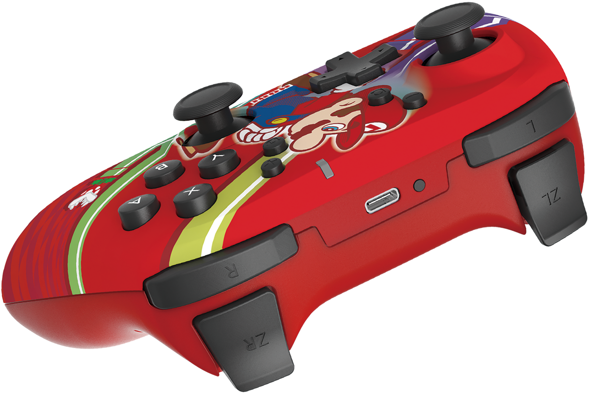 Ein rot-weißer Videospiel-Controller im Mario-Design.