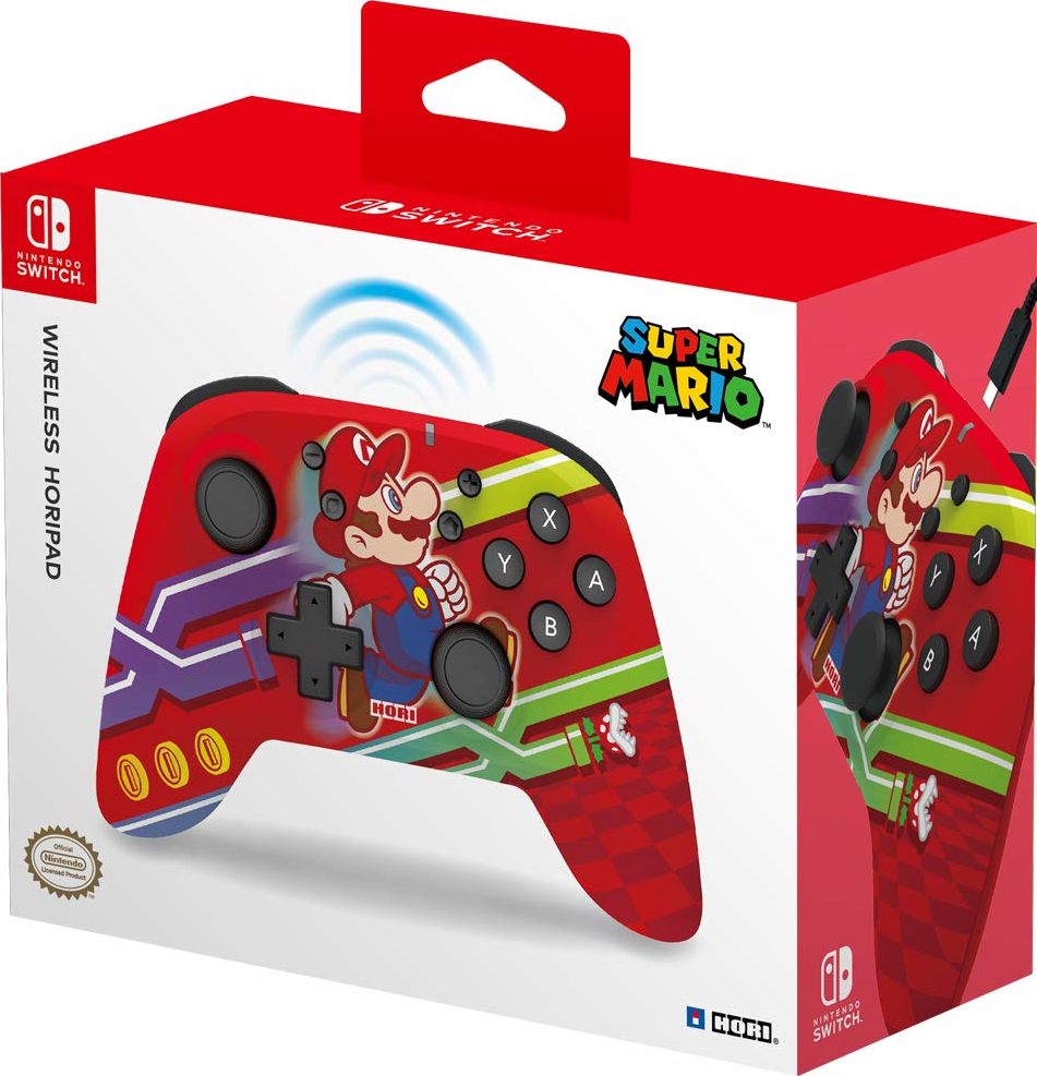 Ein roter Nintendo Switch Super Mario drahtloser HORIPAD-Controller in seiner Box.
