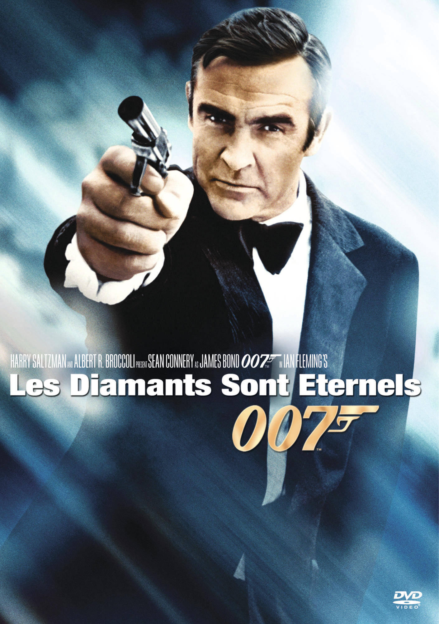 Filmposter van James Bond met een pistool, tekst in het Frans en een DVD-logo. Sean Connery speelt.