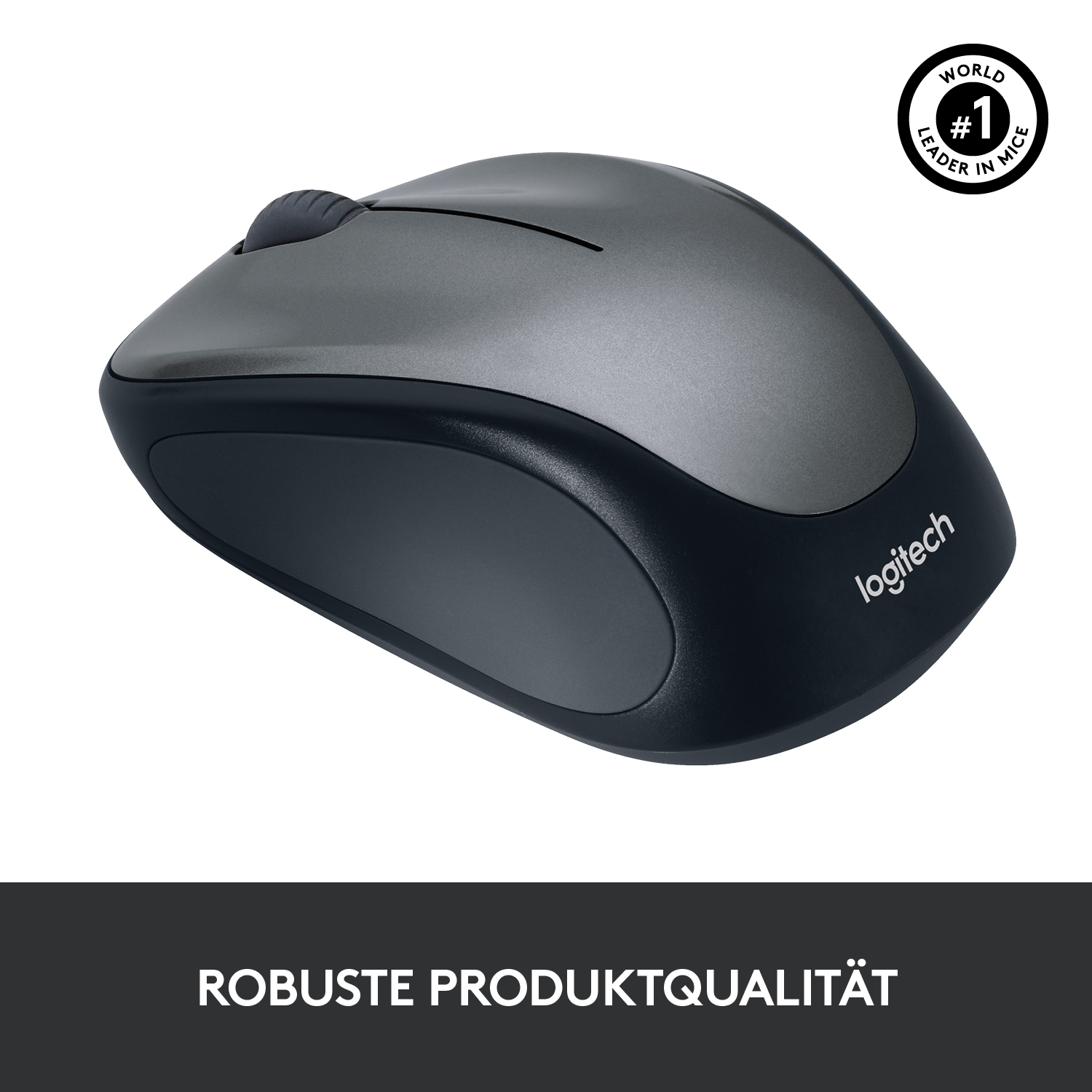 Eine graue und schwarze Logitech-Maus mit Scrollrad und dem Wort 'logitech'.