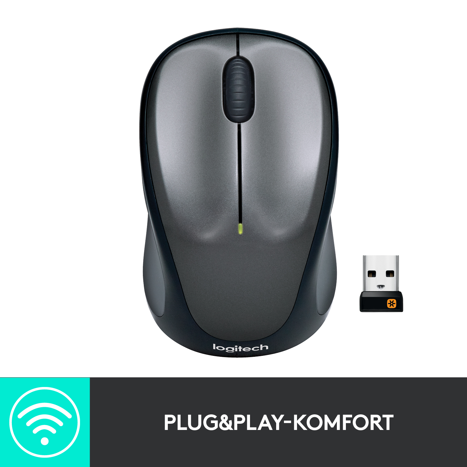 Graue Logitech-Funkmaus mit schwarzem USB-Empfänger. Die Worte 'Plug&Play-Komfort' sind vorhanden.