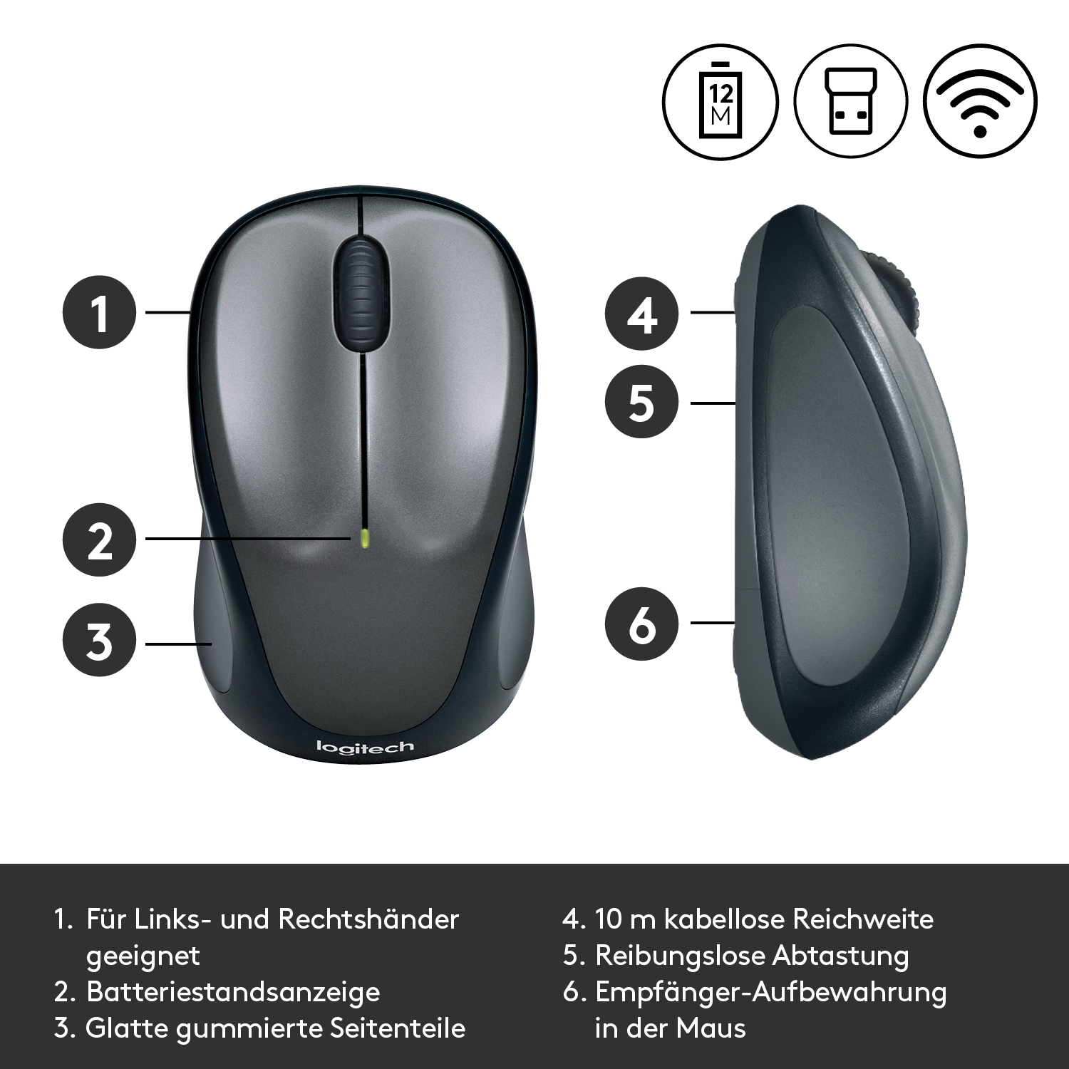 Graue und schwarze kabellose Maus mit Beschriftungen, Scrollrad. Seitenansicht mit Scrollrad.
