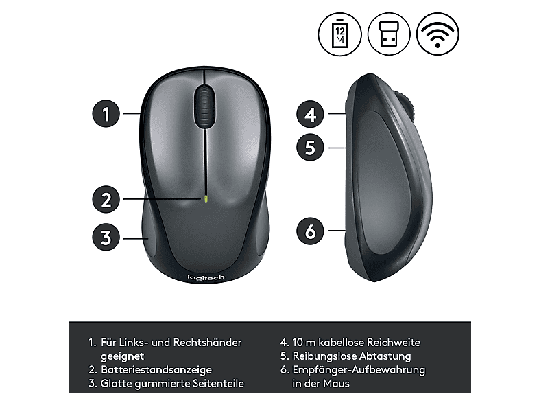 LOGITECH M235, Kabellose Maus, USB-Empfänger, Grau; PC Maus — Foto 5 von 5