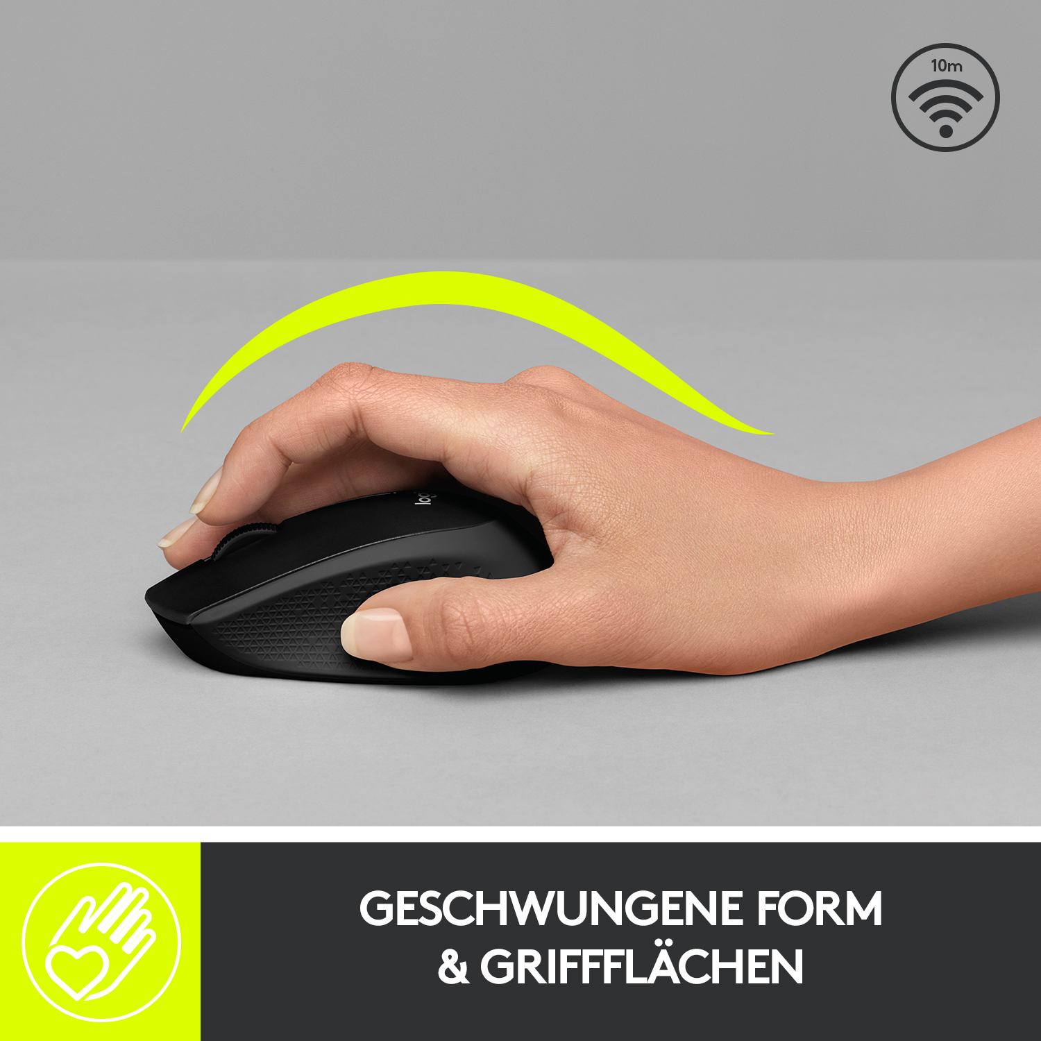 Eine Hand auf einer schwarzen Maus. Die Maus hat ein geschwungenes Design. Ein grüner Bogen ist darüber.