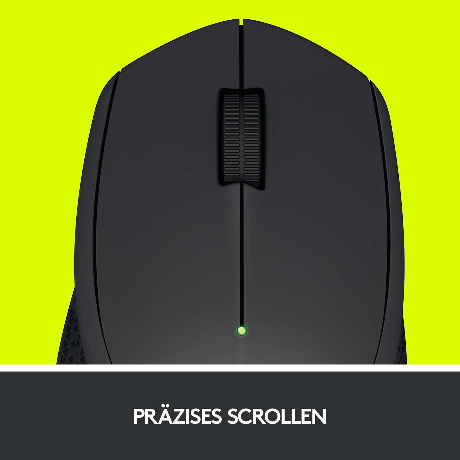 Eine schwarze Computermaus mit einem Scrollrad und einem grünen Licht.