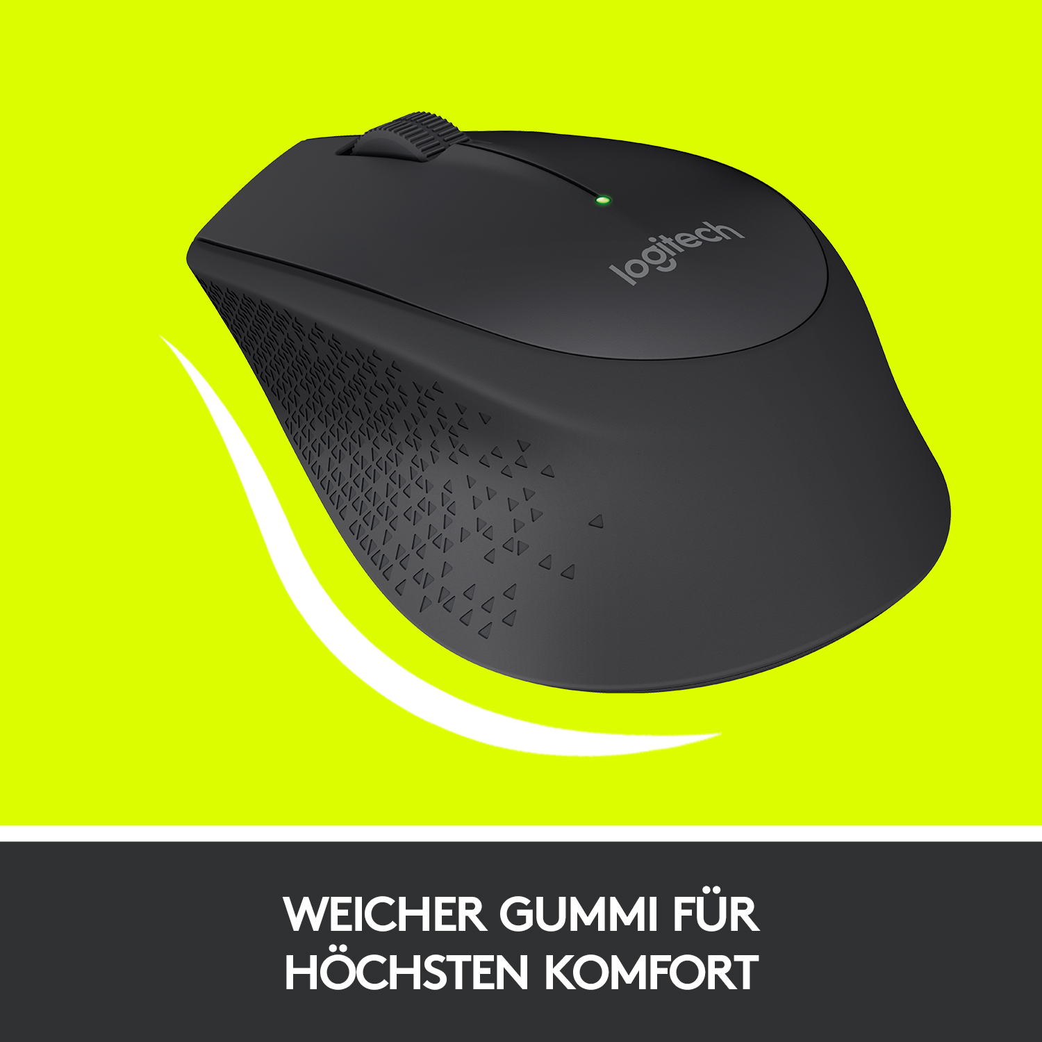 Schwarze Logitech-Maus auf grünem Hintergrund. Text: 'WEICHER GUMMI FÜR HÖCHSTEN KOMFORT'.