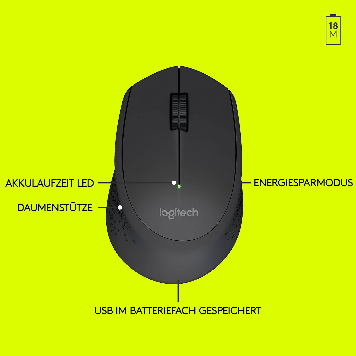 Schwarze Computermaus mit Tasten, Textbeschriftungen und einem grünen Licht.