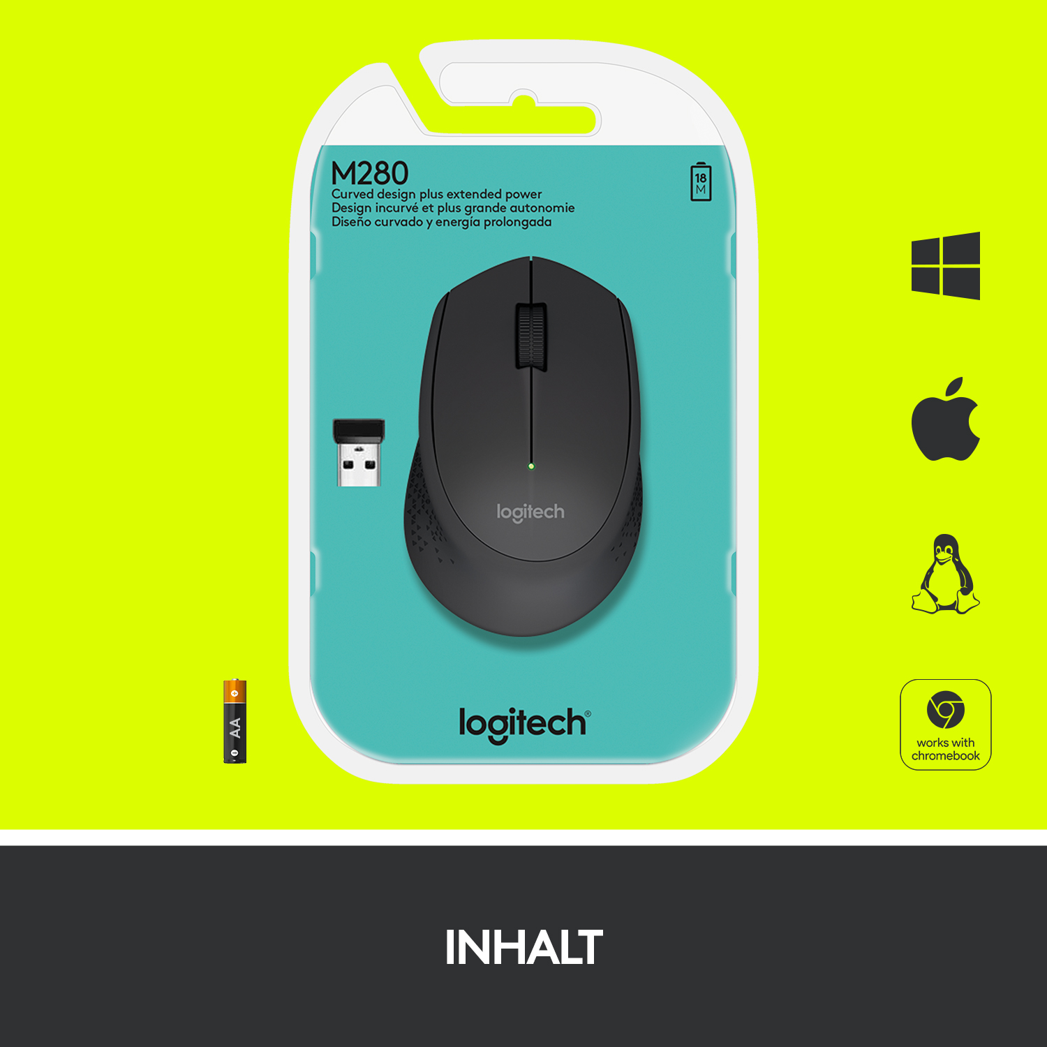 Eine schwarze Logitech-Maus in ihrer Verpackung mit einem USB-Empfänger und einer AA-Batterie.