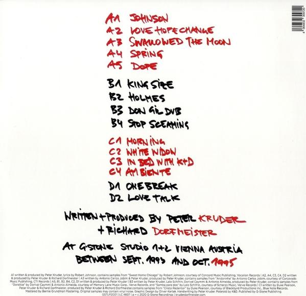 Rückseite eines Albums mit einer Liste von Songs und Informationen in rotem und schwarzem Text.