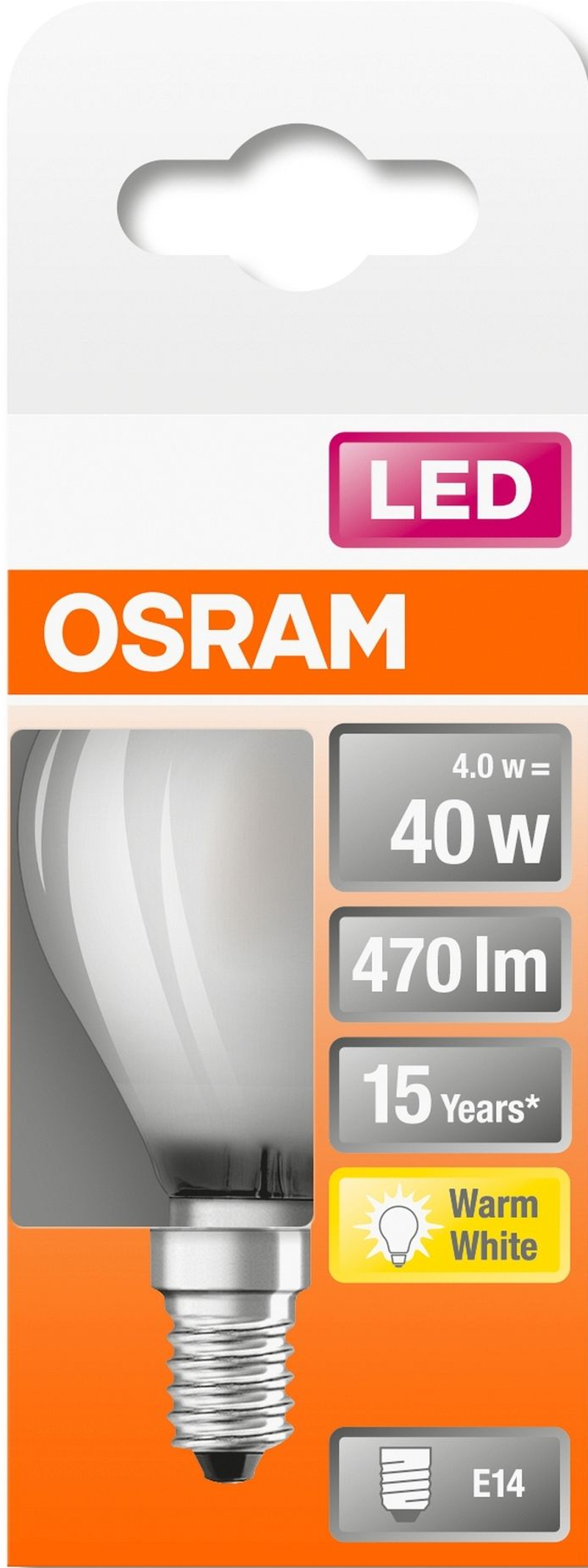 Un paquet d'une ampoule LED avec une étiquette blanc chaud.