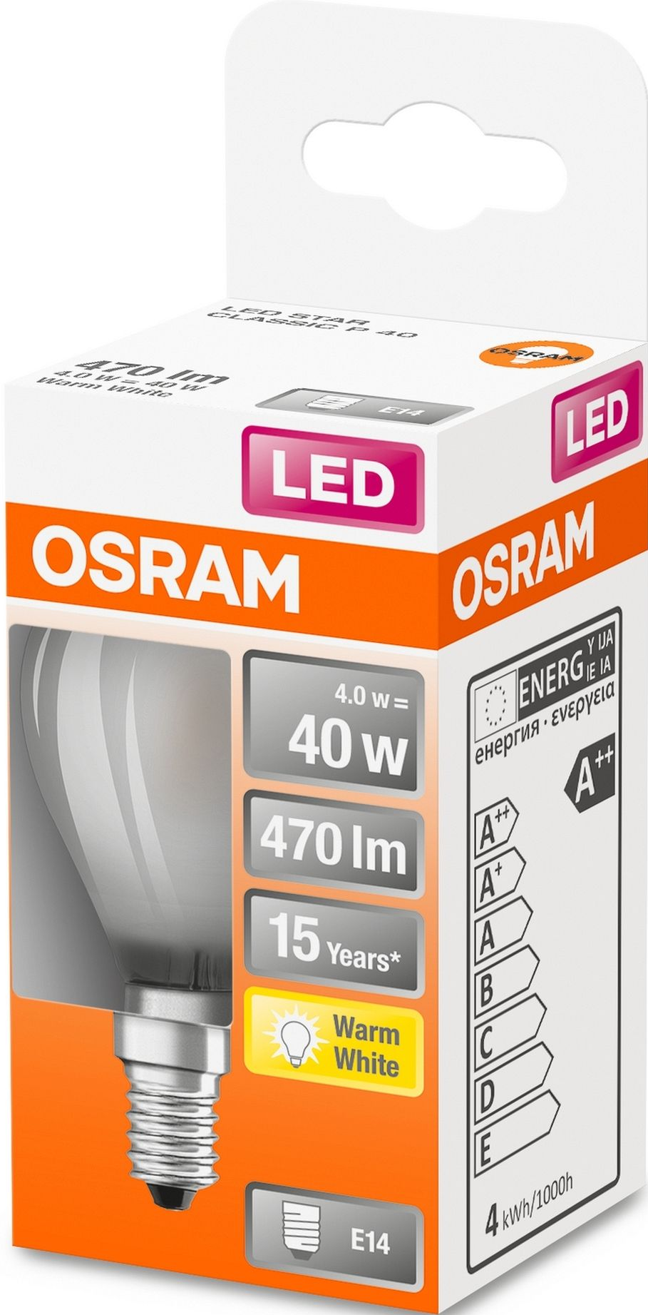 Boîte d'une ampoule LED OSRAM avec informations sur le produit et étiquettes d'efficacité énergétique.