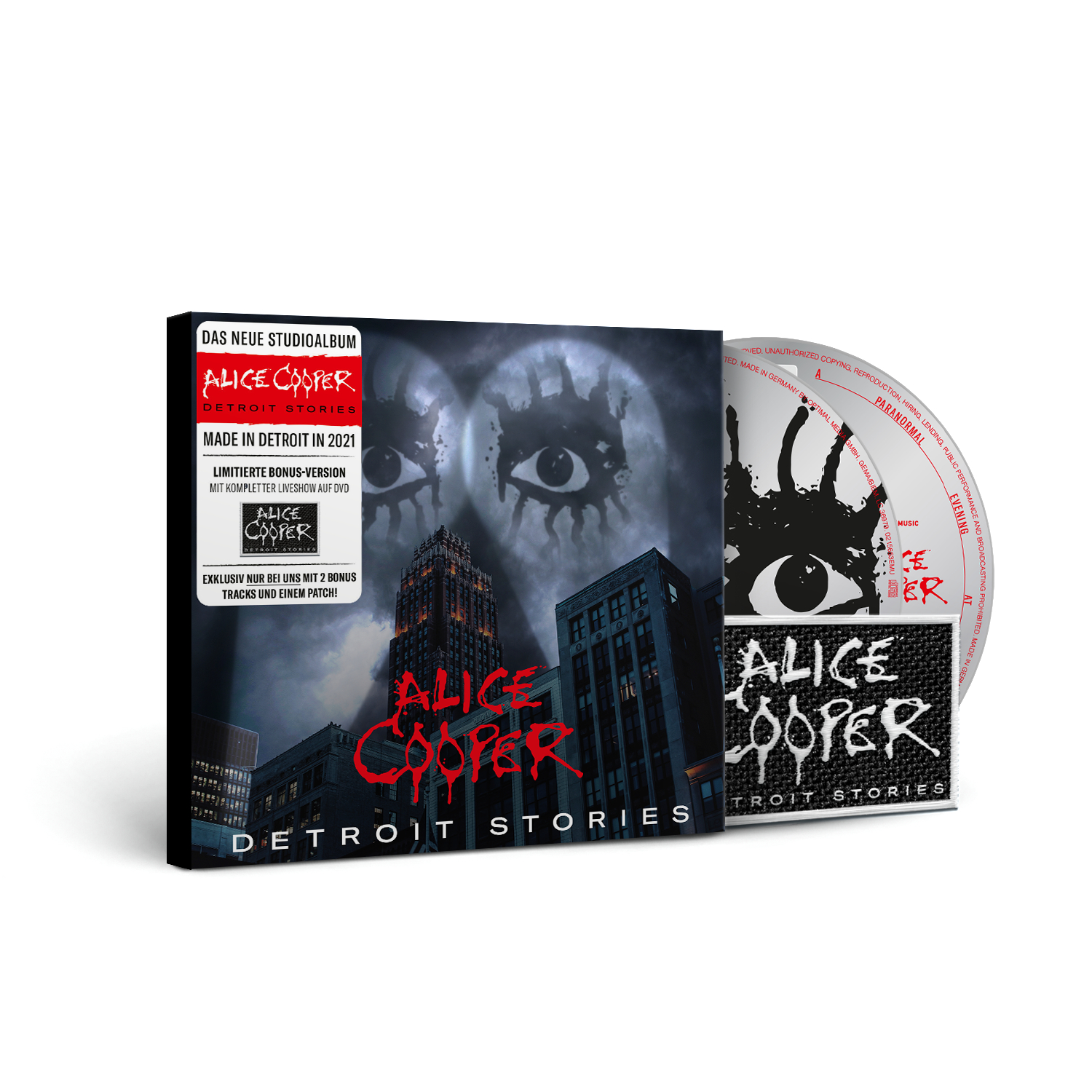 Albumcover mit Cover-Art und CD. Mit Alice Cooper. Der Hintergrund hat eine Stadtlandschaft.