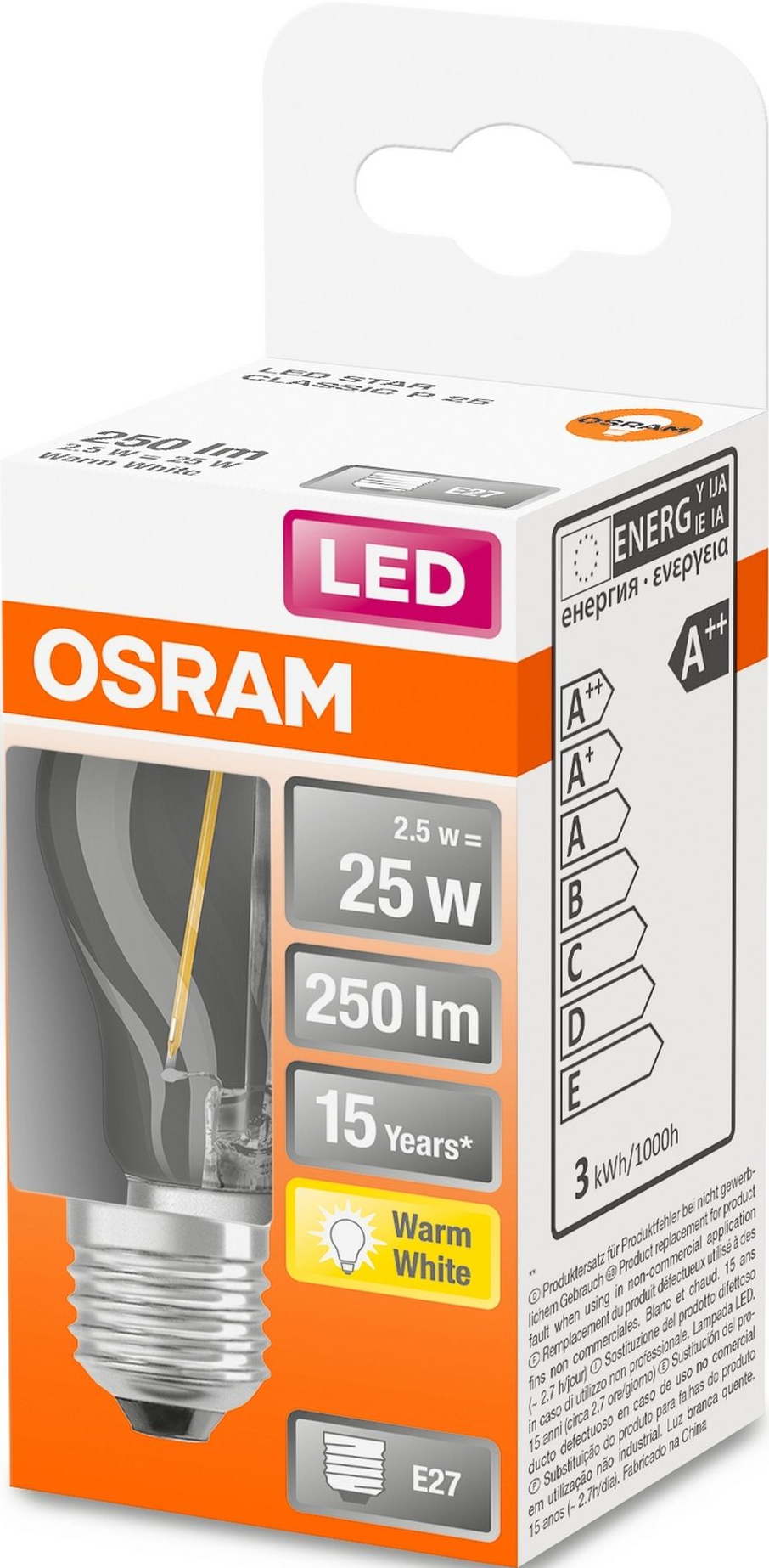 Confezione lampadina LED OSRAM. Scatola arancione con immagine lampadina, dettagli ed etichetta energetica.