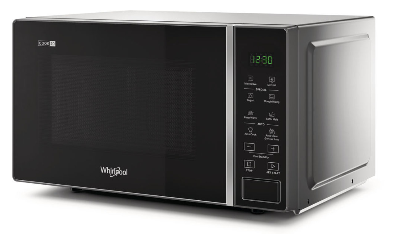 Whirlpool mikrohullámú sütő, fekete digitális kijelzővel, időt és vezérlőgombokat mutatva.