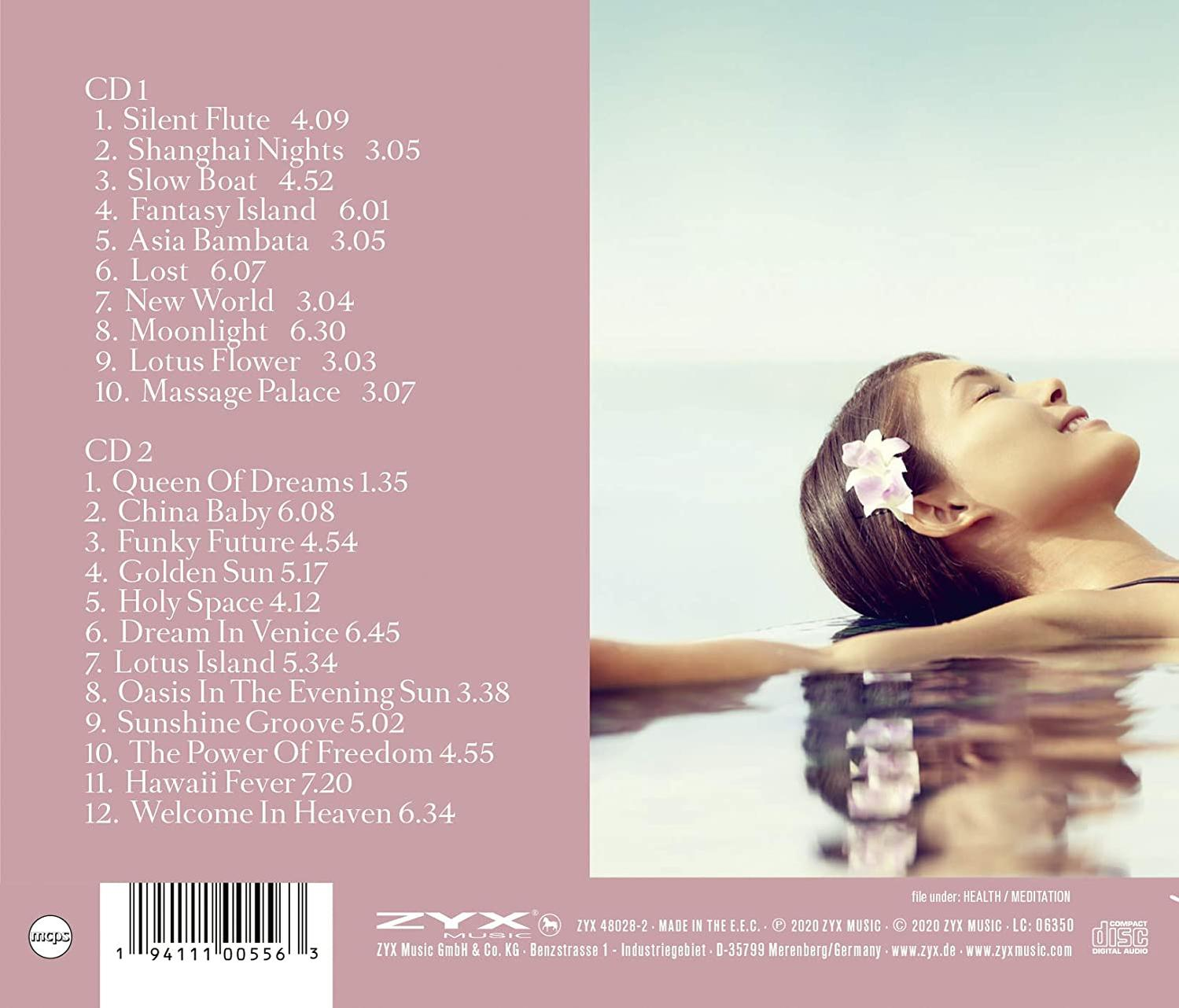Albumcover: Frau im Wasser, Text mit Songliste auf rosa Hintergrund.