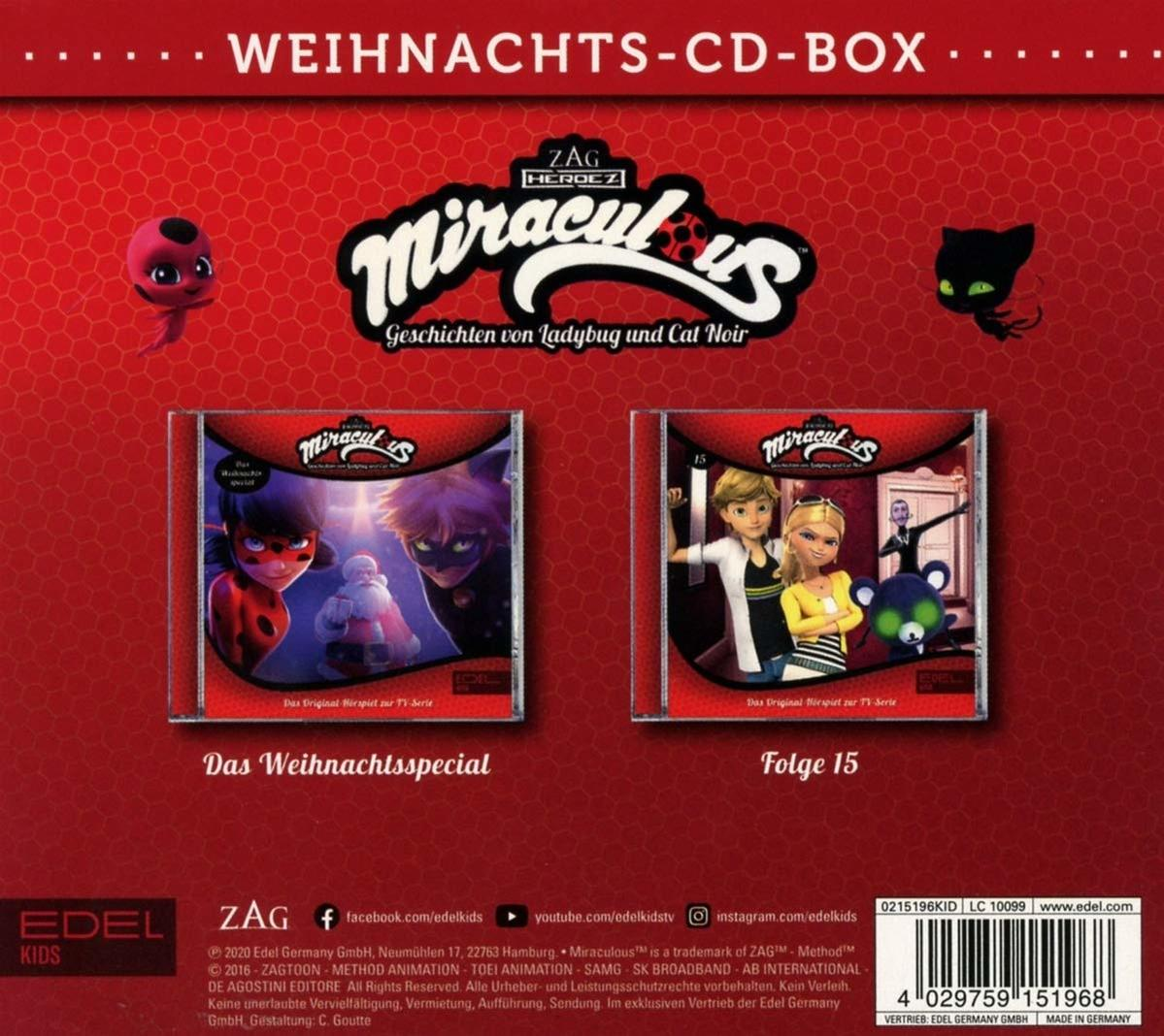 Miraculous Weihnachts-CD-Box mit zwei Discs, roter Hintergrund.