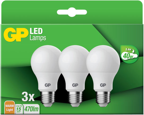 Een doos met drie GP LED-lampen. De doos is groen en de lampen zijn wit.