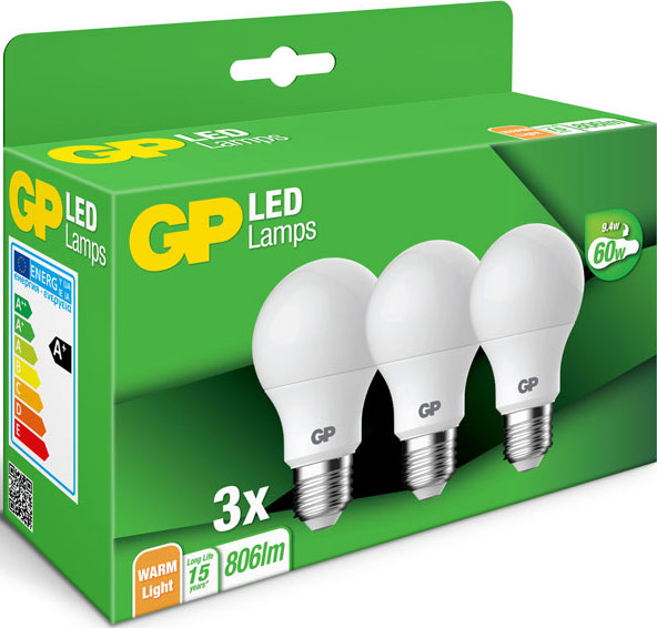 Three GP LED bulbs in a green box.