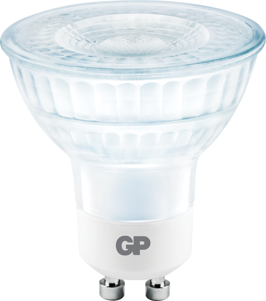 A close-up of a GP brand LED light bulb. It is white with two metal pins at the bottom.