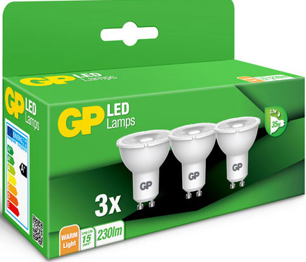 Green box with three LED lamps. The box has the brand name and text.