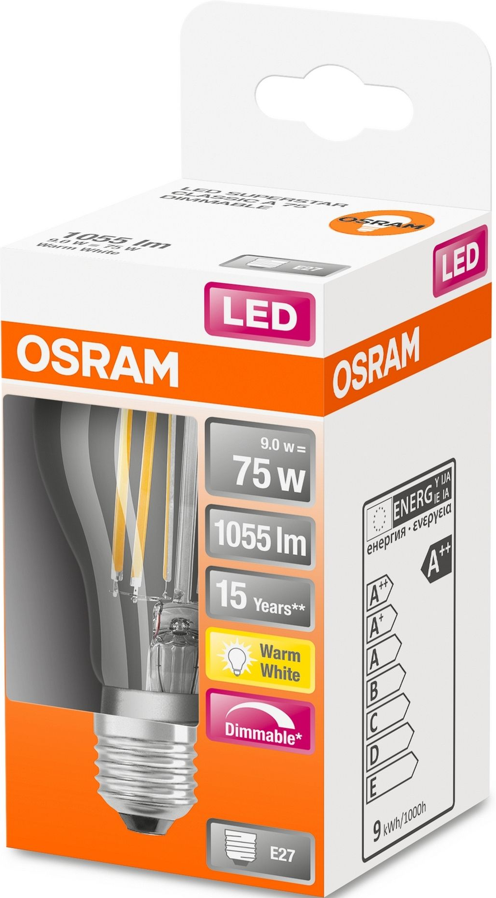 OSRAM LED-Lampenverpackung. Weiße Box mit Lampenbild, Details und Energielabel.