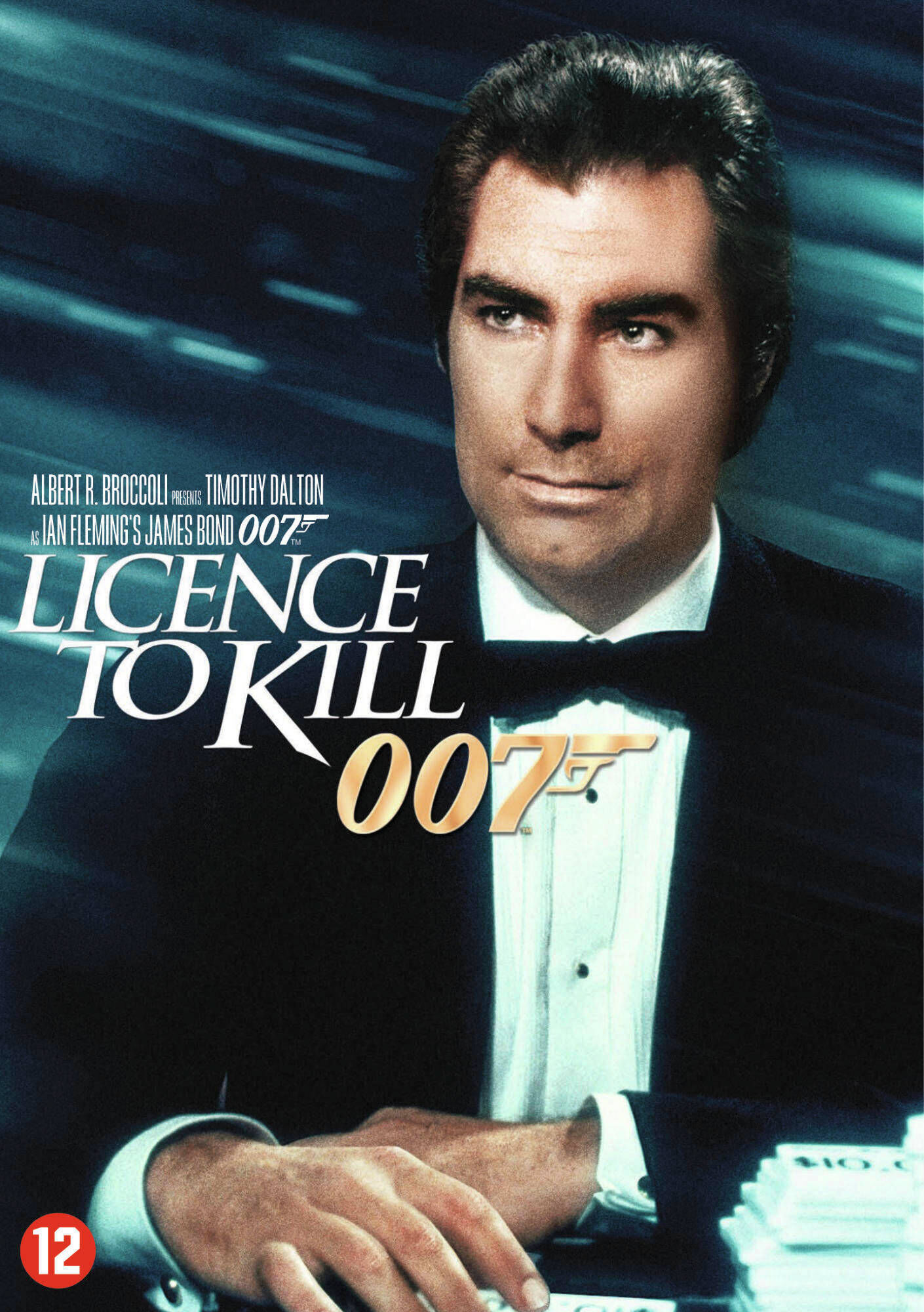 Filmposter: Timothy Dalton als James Bond. Titel: Licence to Kill. Met het 007 pistoollogo.