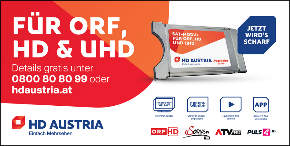 HD Austria Werbung für TV: orange und weiß, Text, HD Austria Logo.