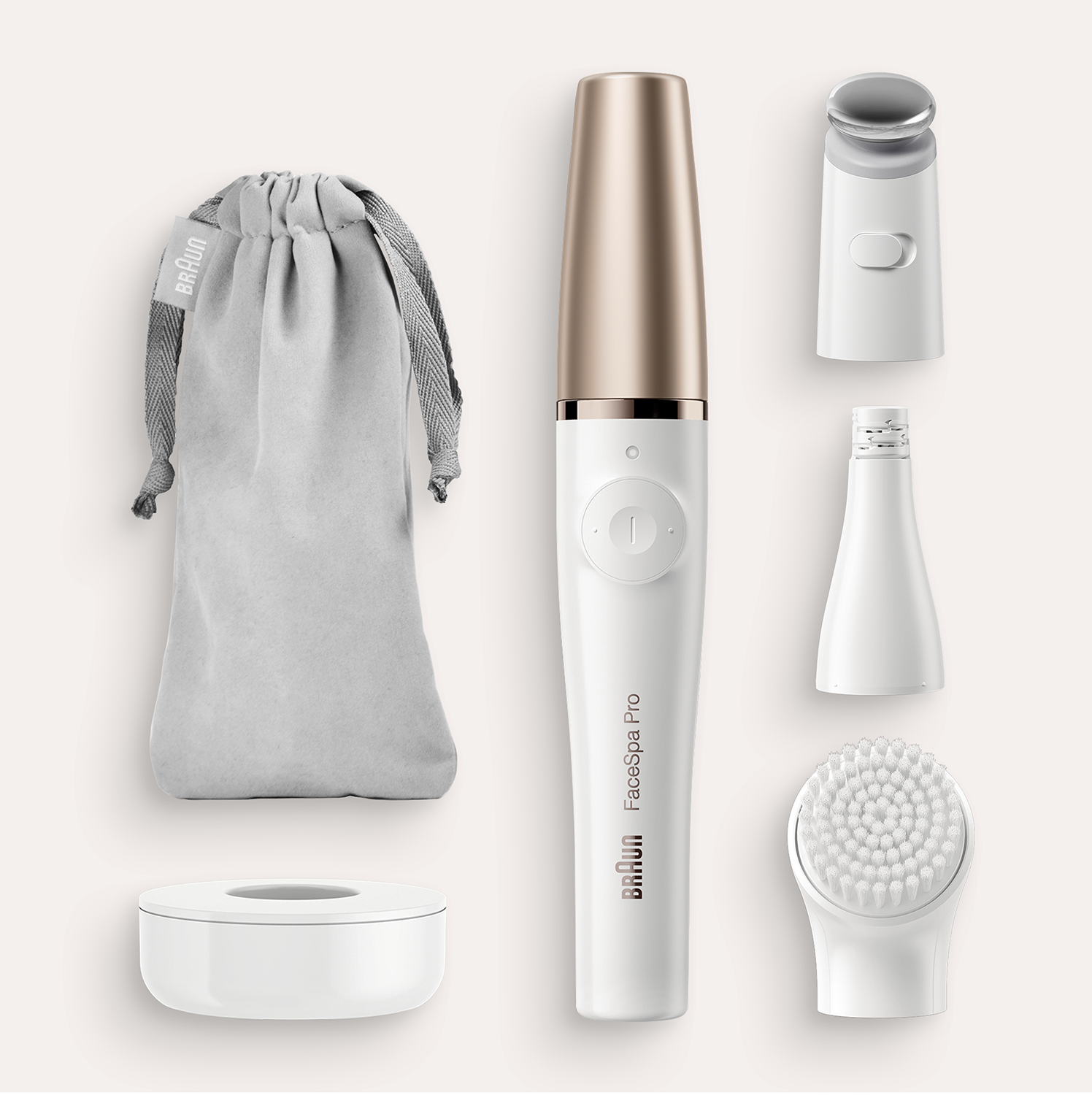 Braun FaceSpa Pro set, inclusief een gezichtsepilator, accessoires en een opbergtas.