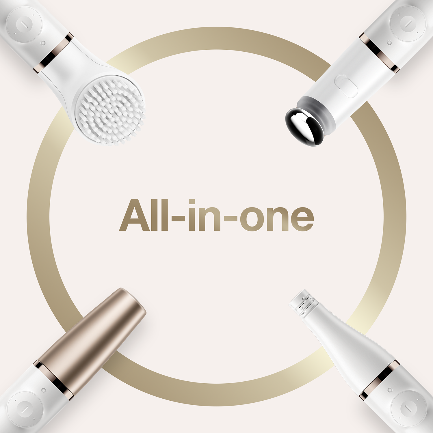 Vier witte gezichtsreinigingstools rond een gouden cirkel met de tekst 'All-in-one'.