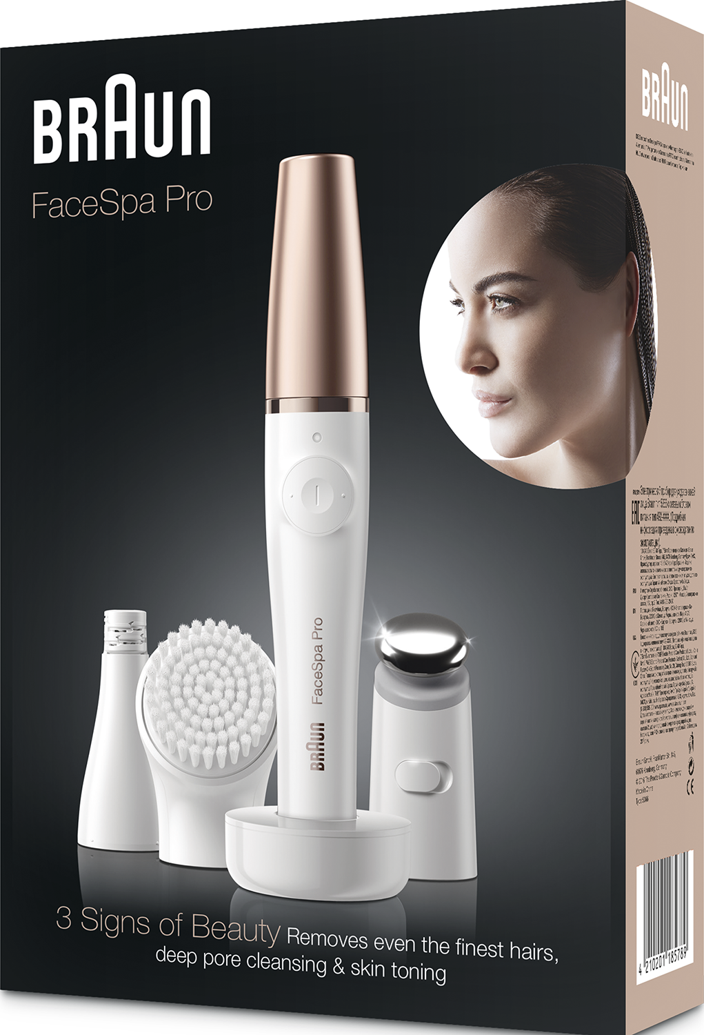 Braun FaceSpa Pro boxset, met het apparaat, accessoires en het gezicht van een vrouw.