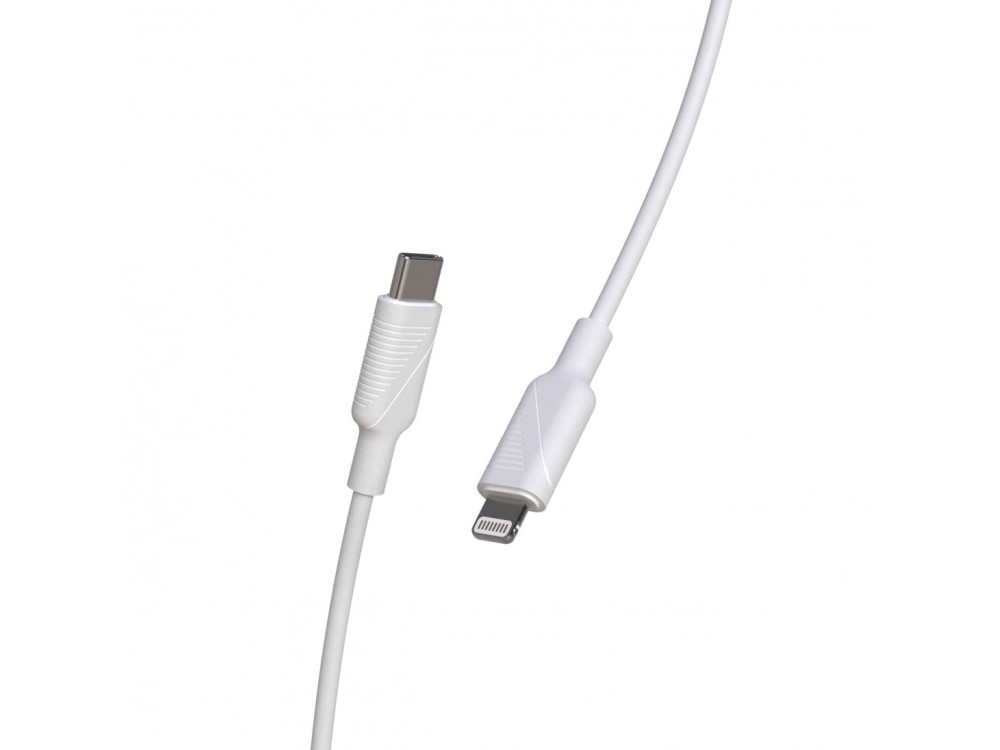 Cable USB-C a Lightning blanco, conectores en los extremos, fondo blanco.