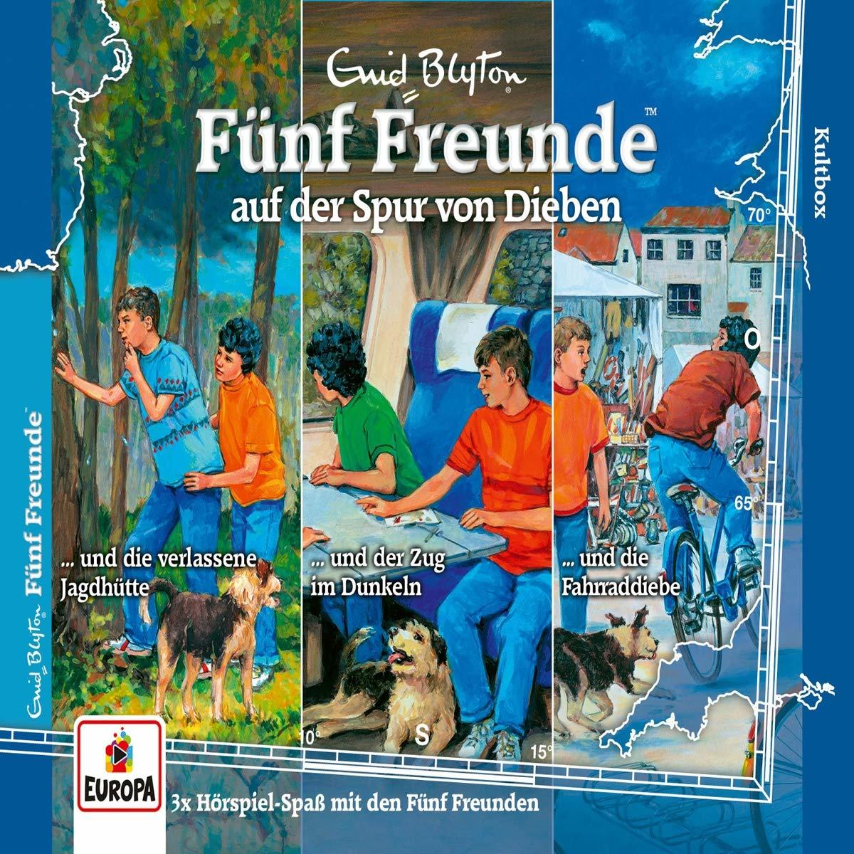 Cover von Enid Blytons Fünf Freunde, mit fünf Kindern mit Hunden und einem Buchtitel.
