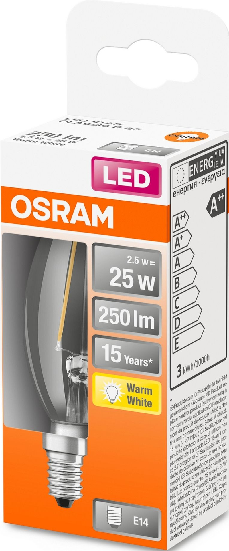 Osram LED-Glühbirne, orange und weiße Verpackung, mit Text und Energieetikett.