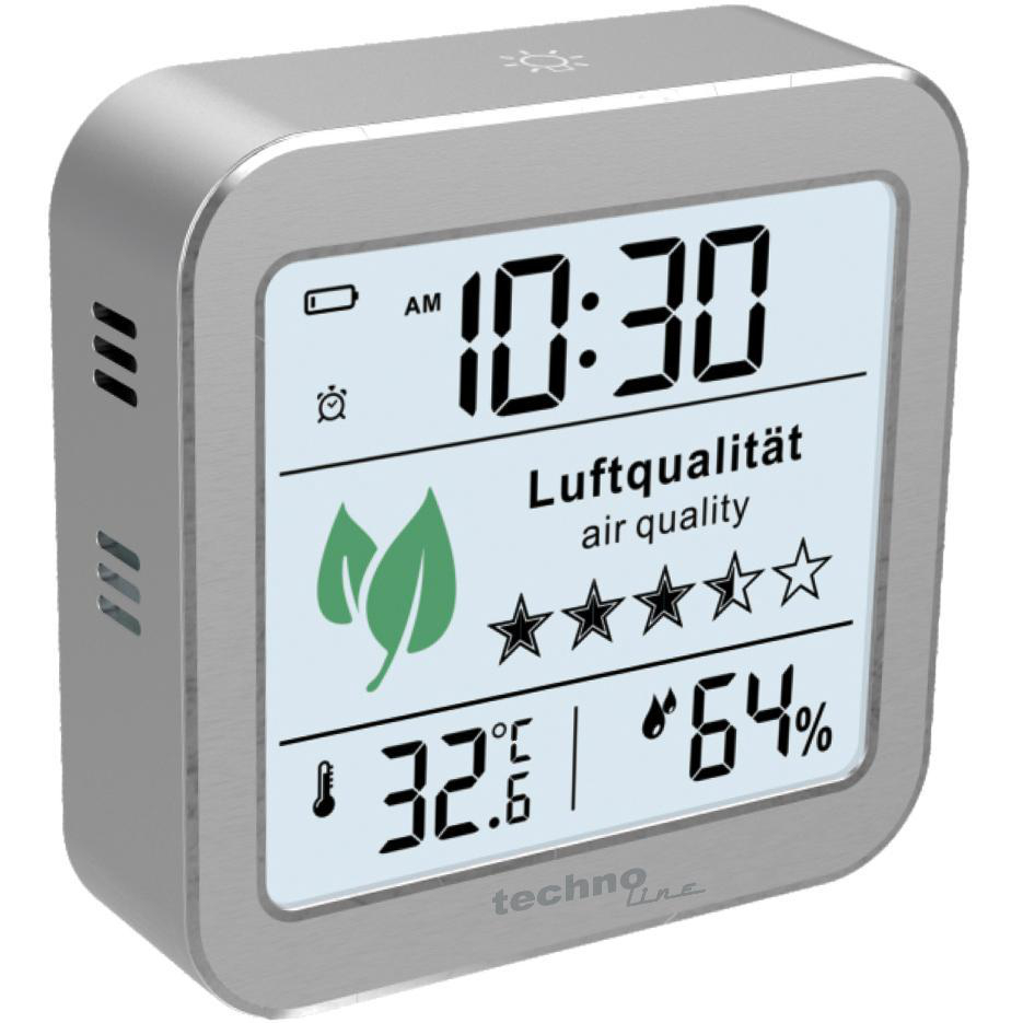Eine Digitaluhr mit Temperatur- und Luftqualitätsanzeige.