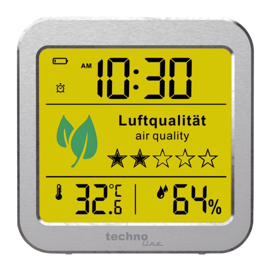 Ein digitales Display mit Zeit, Temperatur und Luftqualität.
