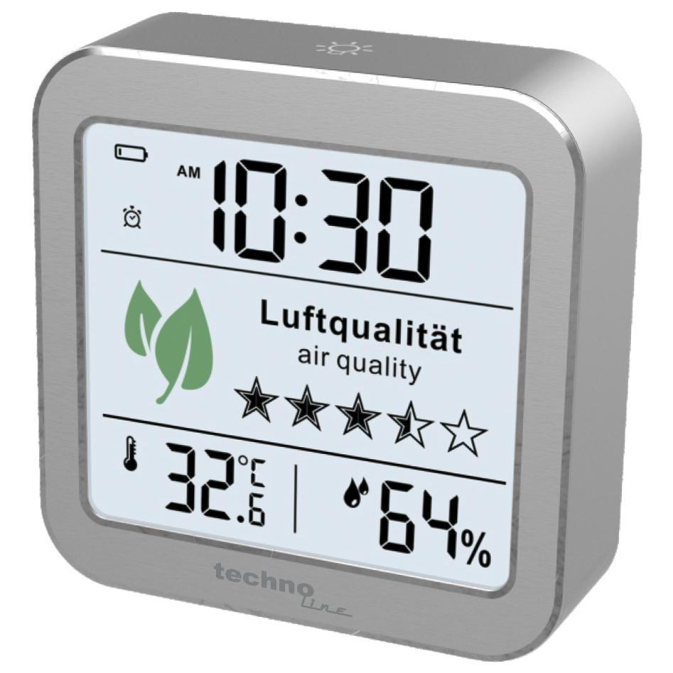Digitaluhr mit Zeit, Luftqualität und anderen Daten.