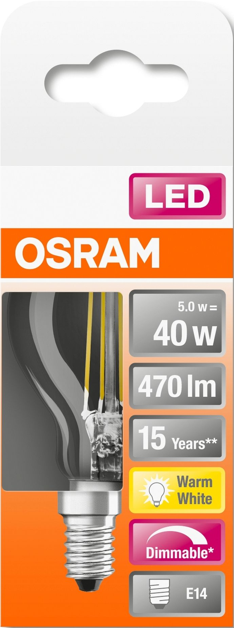 OSRAM LED-Glühbirnenverpackung. Zeigt eine Glühbirne und Statistiken: 5,0 W = 40 W, 470 lm, 15 Jahre, Warmweiß, Dimmbar, E14.