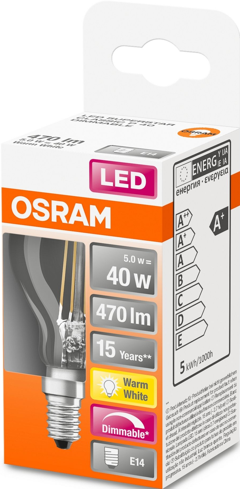 Verpackte LED-Glühbirne mit Spezifikationen und Markennamen.
