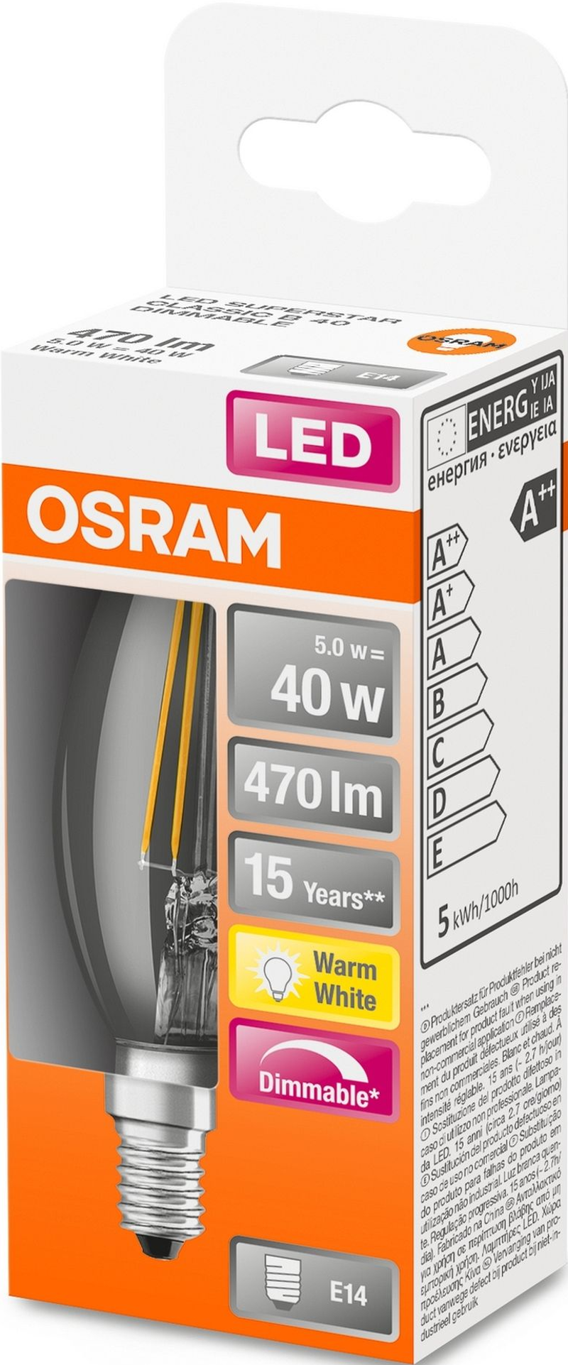 Eine LED-Glühbirne in einer Schachtel mit Produktdetails und Energieeffizienzbewertungen.