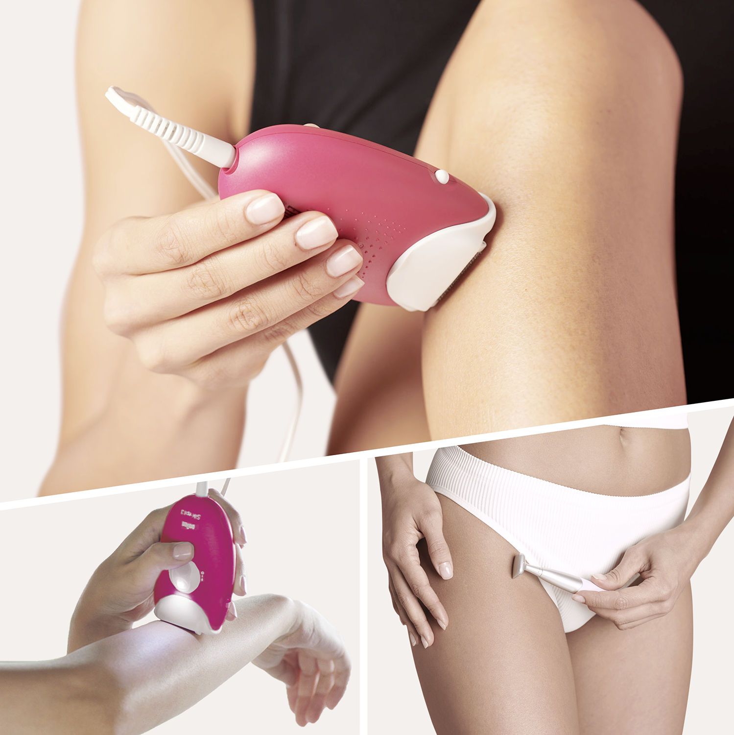 Vrouw gebruikt roze epilator op been, close-up op oksel en arm. Witte achtergrond.