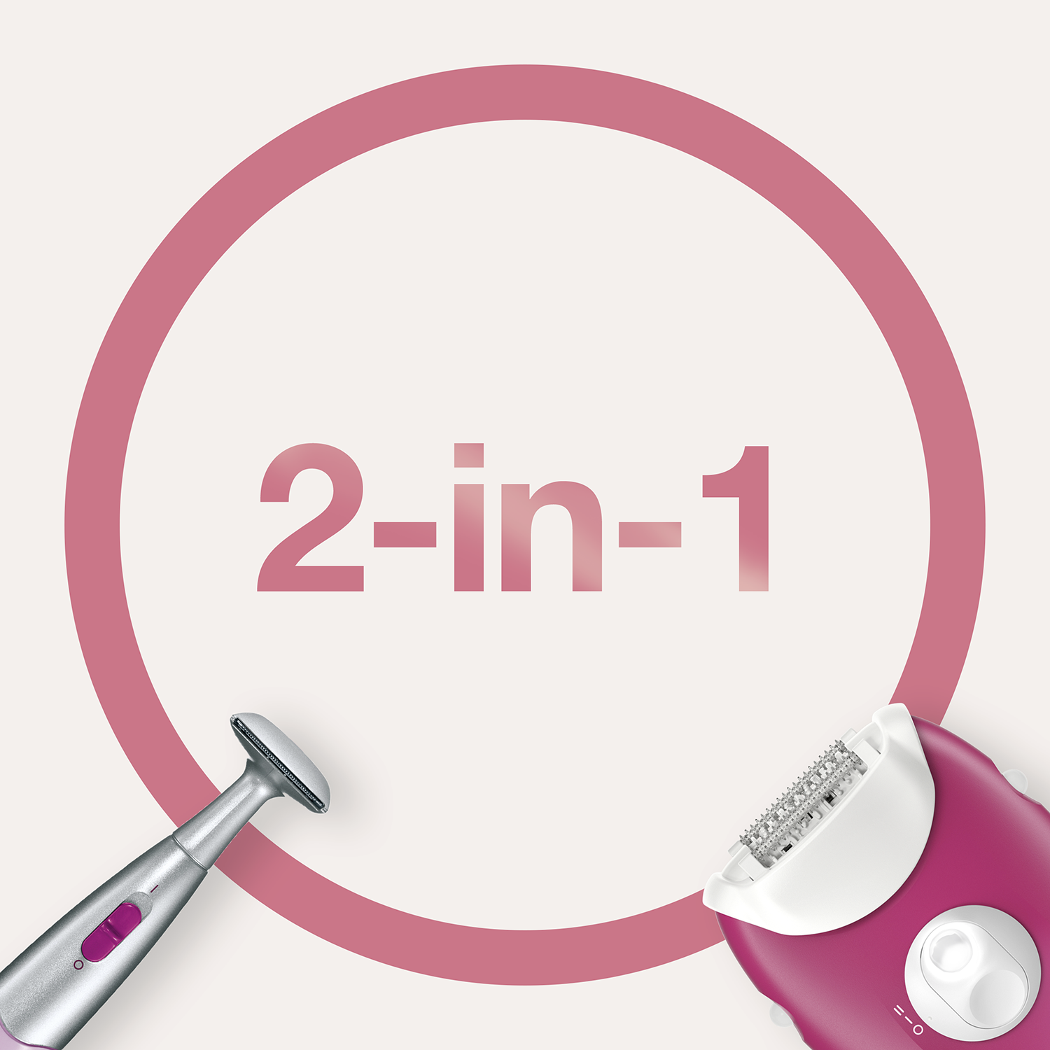 Roze en zilveren 2-in-1 epilator. De tekst staat in een roze cirkel. Eén kant is een scheerapparaat.