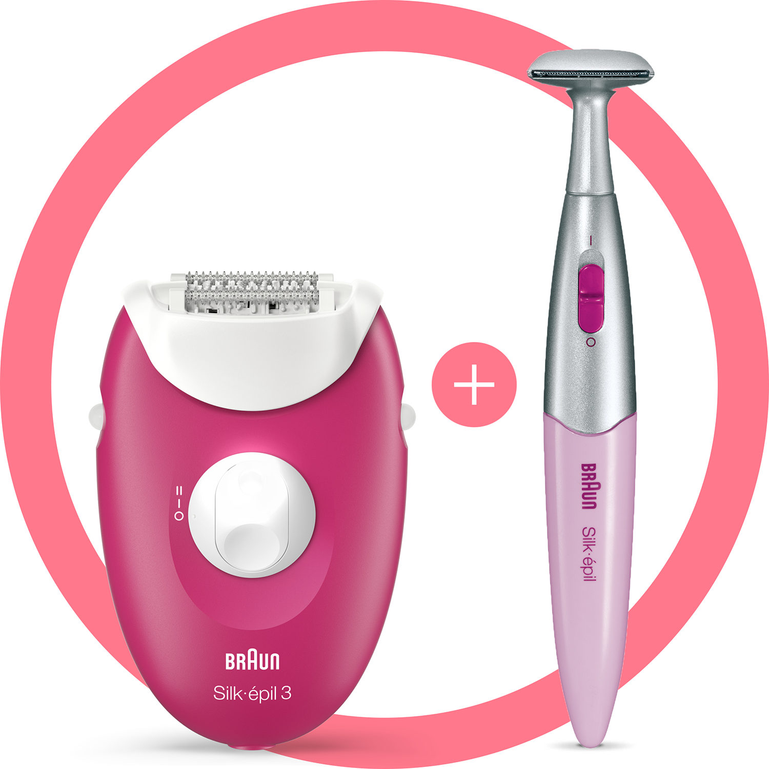 Roze Braun Silk epil 3 epilator en een roze elektrische scheerapparaat voor dames.