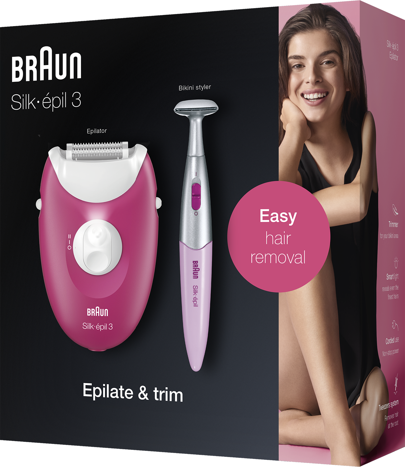 Roze Braun Silk·épil 3 epilator en bikinystyler. Een vrouw raakt haar been aan.