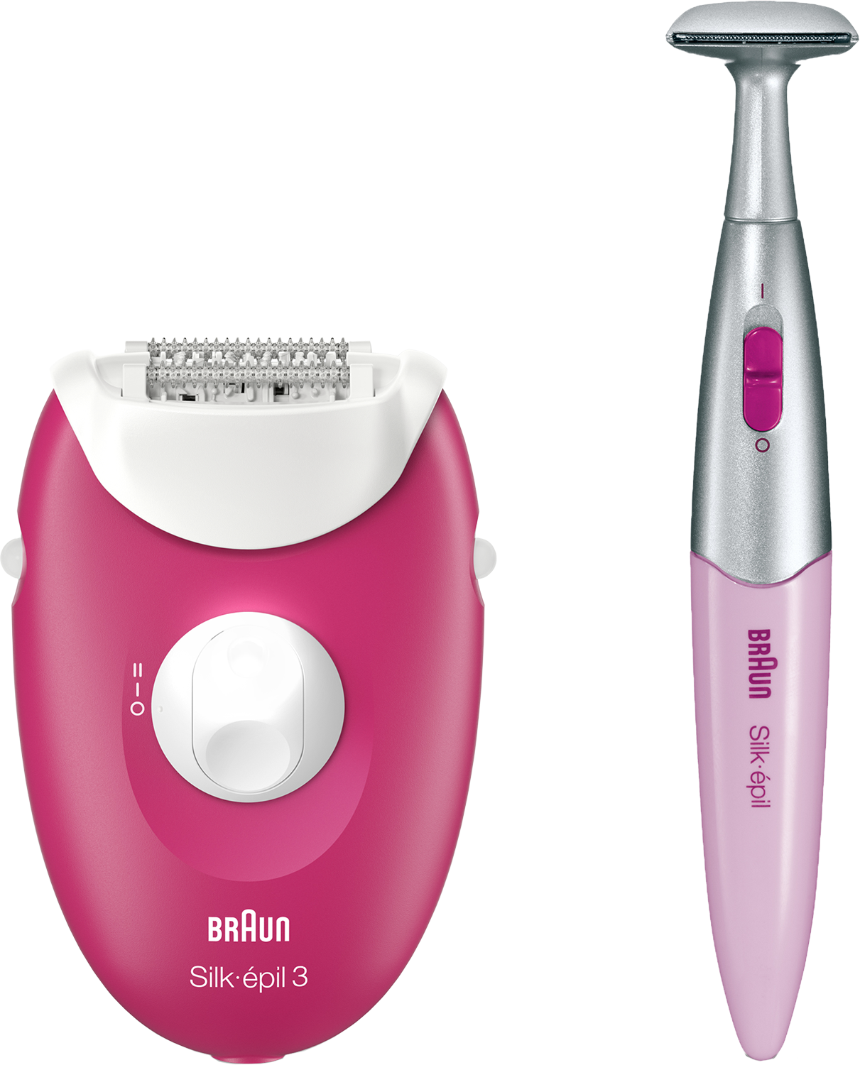 Twee roze Braun epilators, een met kop, de andere met een scheerkop.